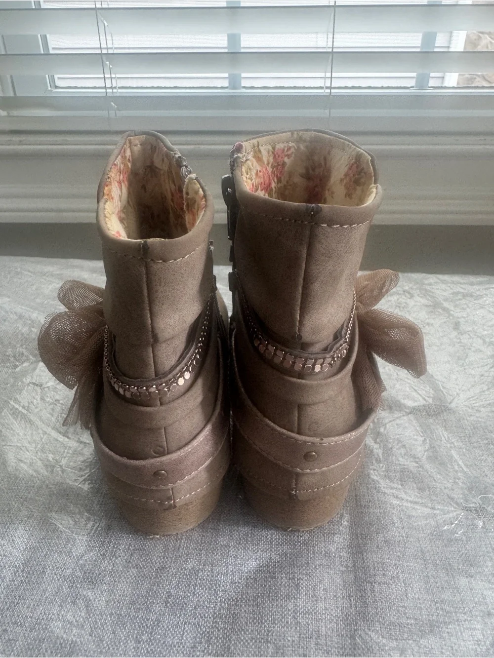 Kids Brown Suede Ankle Boots with Floral Lining